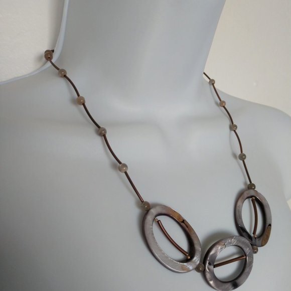 Handmade Gray And Brown Statement Necklace With Shells Agate Copper Plated Tubes - Picture 5 of 16